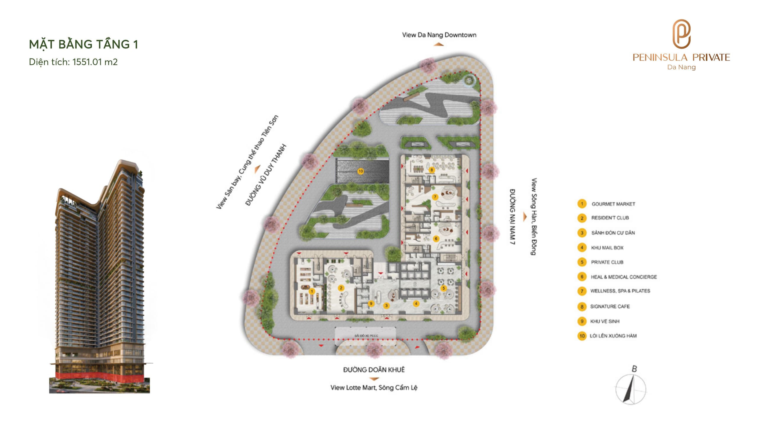 Mặt bằng Tầng 1 — Sảnh đón & dịch vụ cư dân, diện tích sàn 1.551,01 m², dự án Peninsula Private Đà Nẵng