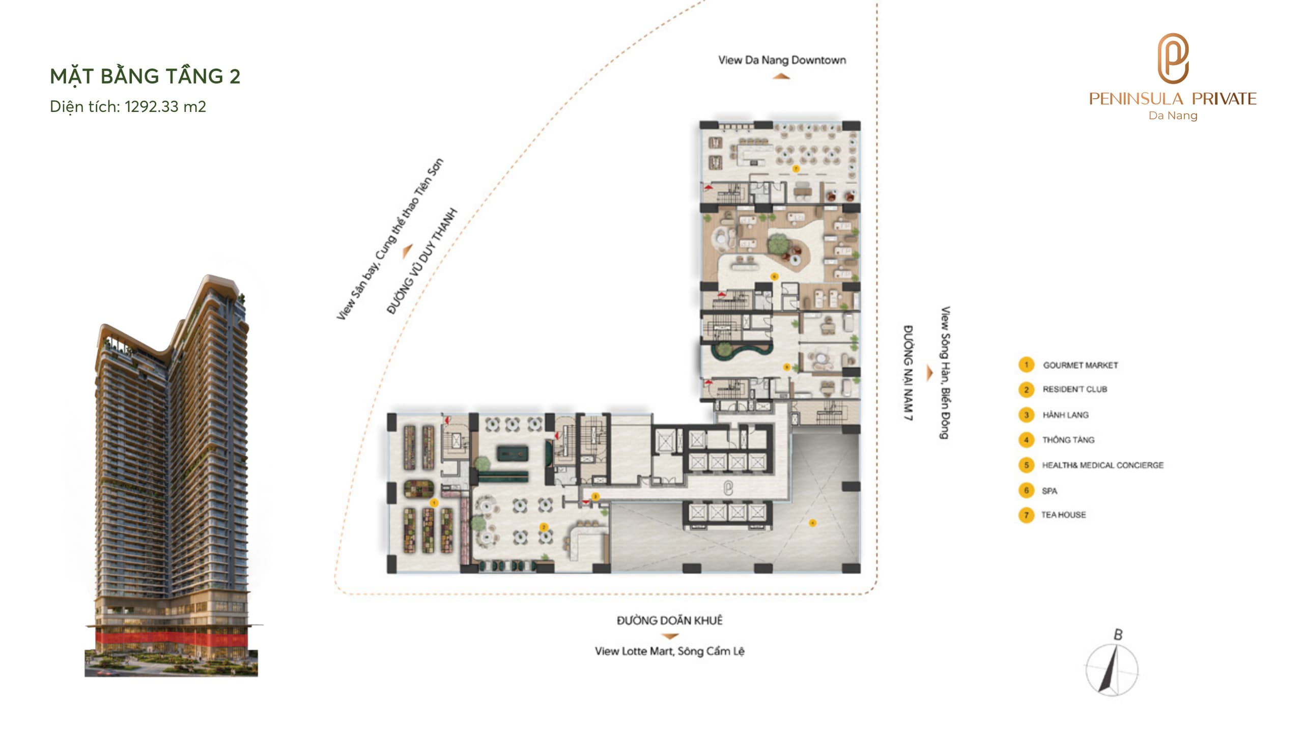 Mặt bằng Tầng 2 — Wellness & thư giãn, diện tích sàn 1.292,33 m², dự án Peninsula Private Đà Nẵng