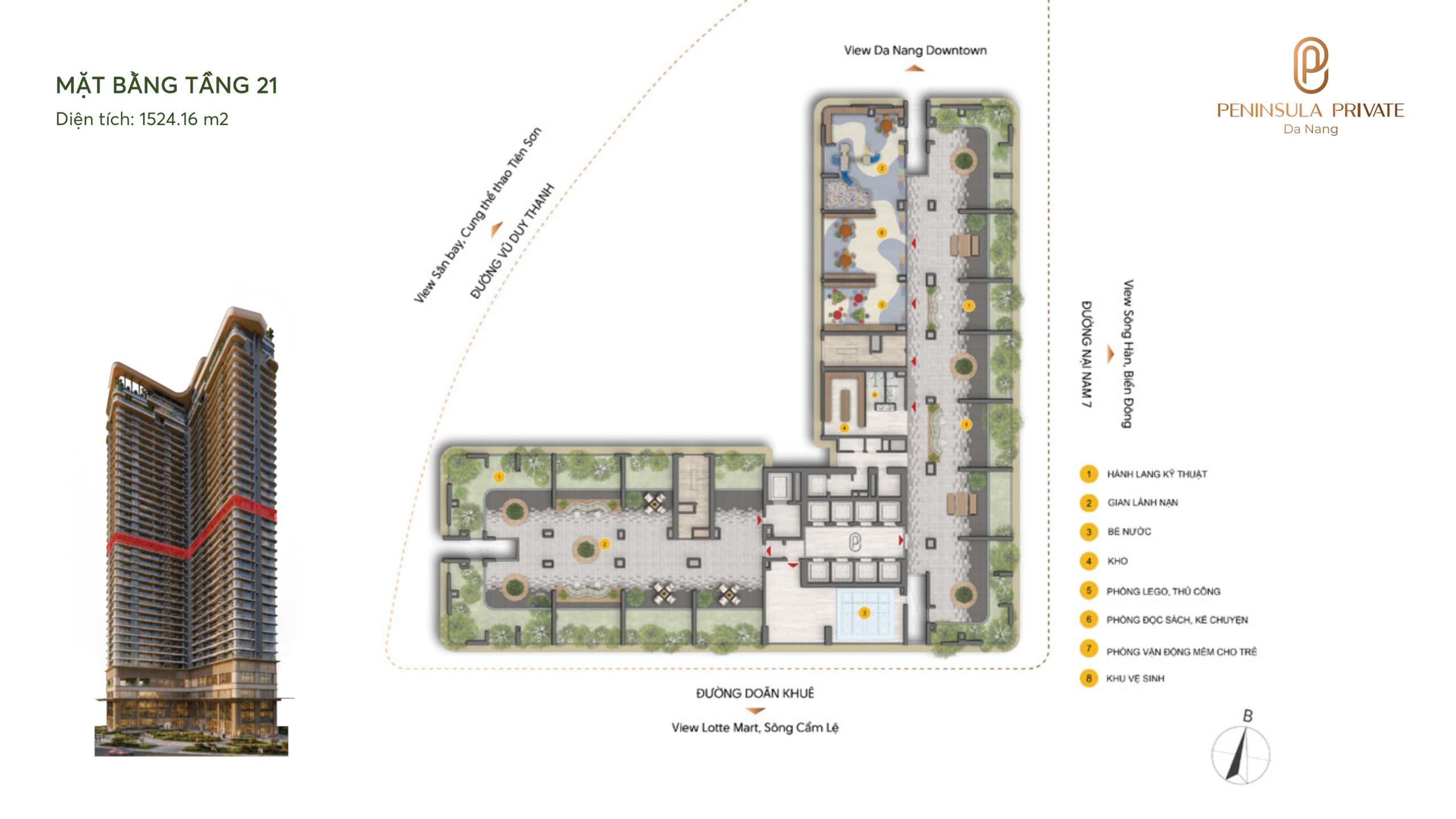 Mặt bằng Tầng 21 — Sky garden & không gian trẻ em, diện tích sàn 1.524,16 m², dự án Peninsula Private Đà Nẵng