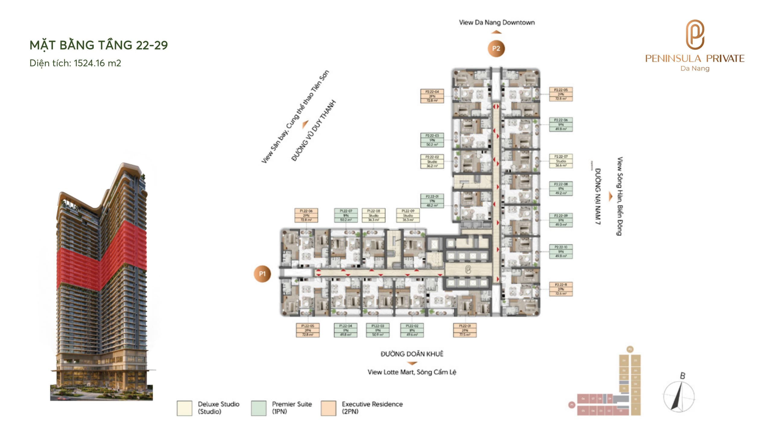 Mặt bằng Tầng 22 – 29 — Căn hộ dịch vụ tầng trung, diện tích sàn 1.524,16 m², dự án Peninsula Private Đà Nẵng