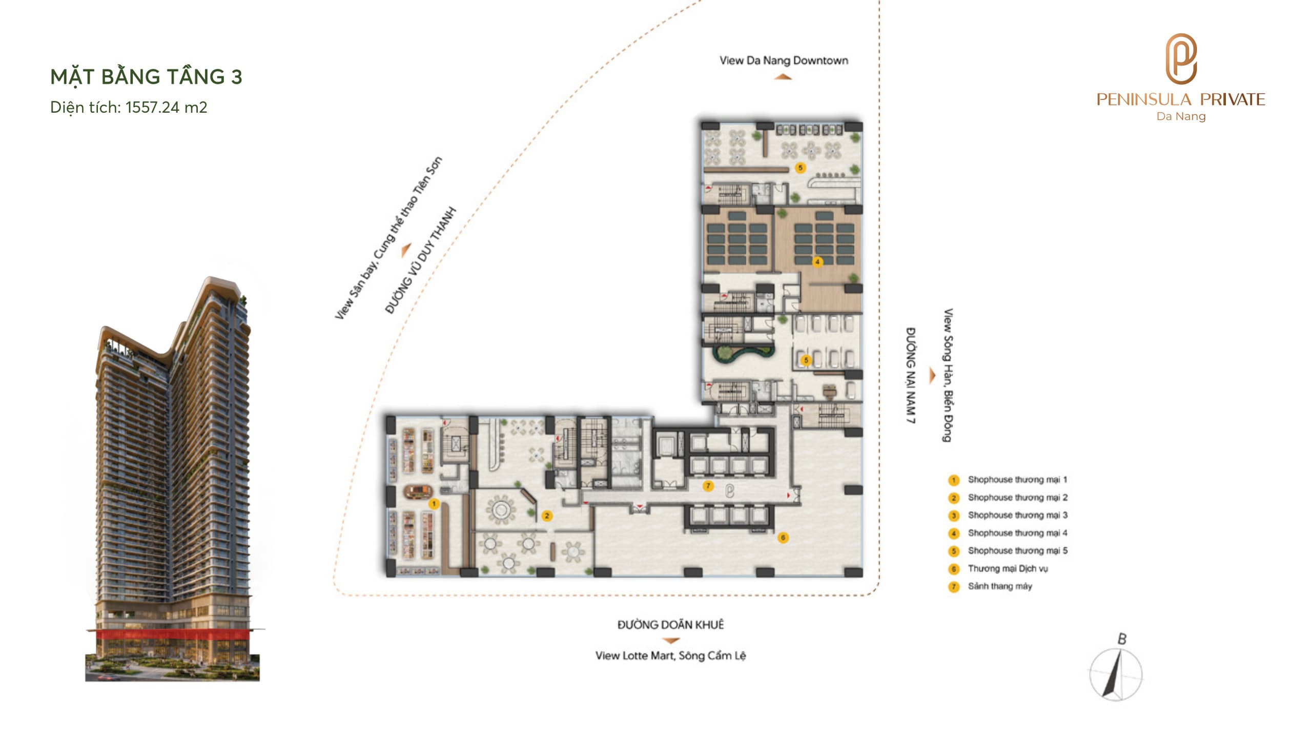 Mặt bằng Tầng 3 — Thương mại khối đế, diện tích sàn 1.557,24 m², dự án Peninsula Private Đà Nẵng