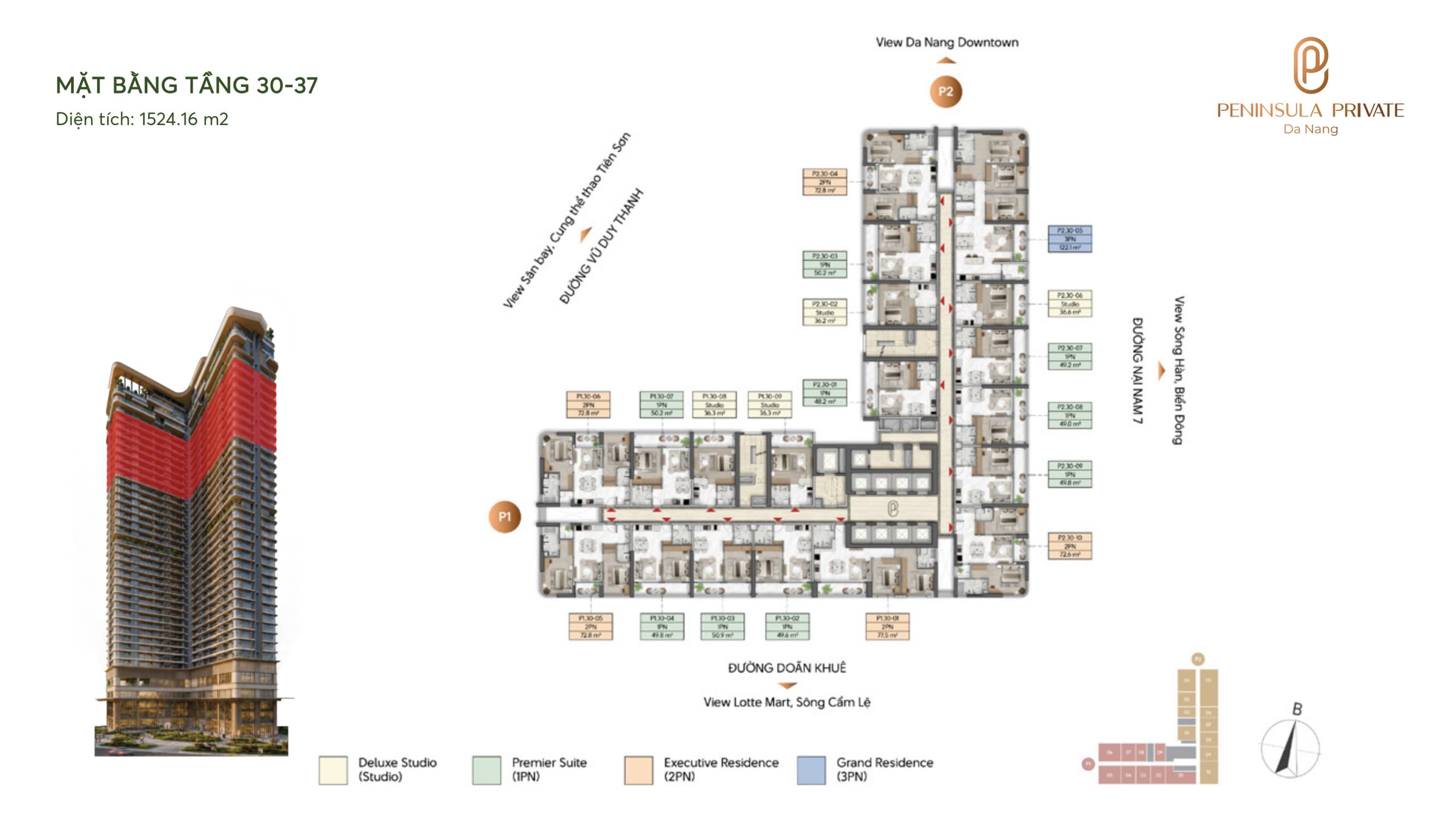 Mặt bằng Tầng 30 – 37 — Căn hộ tầng cao & Grand Residence, diện tích sàn 1.524,16 m², dự án Peninsula Private Đà Nẵng