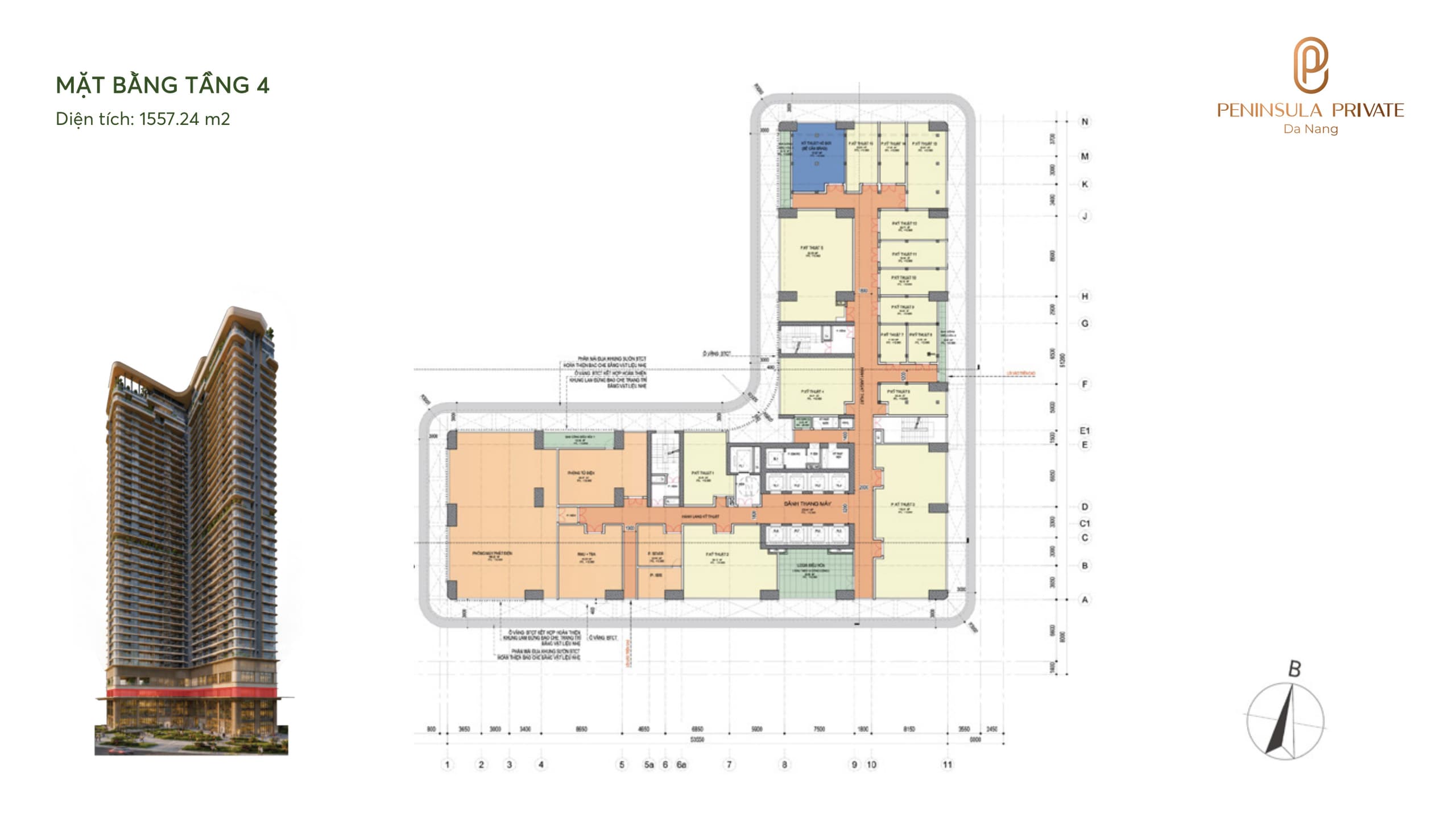 Mặt bằng Tầng 4 — Kỹ thuật & vận hành, diện tích sàn 1.557,24 m², dự án Peninsula Private Đà Nẵng