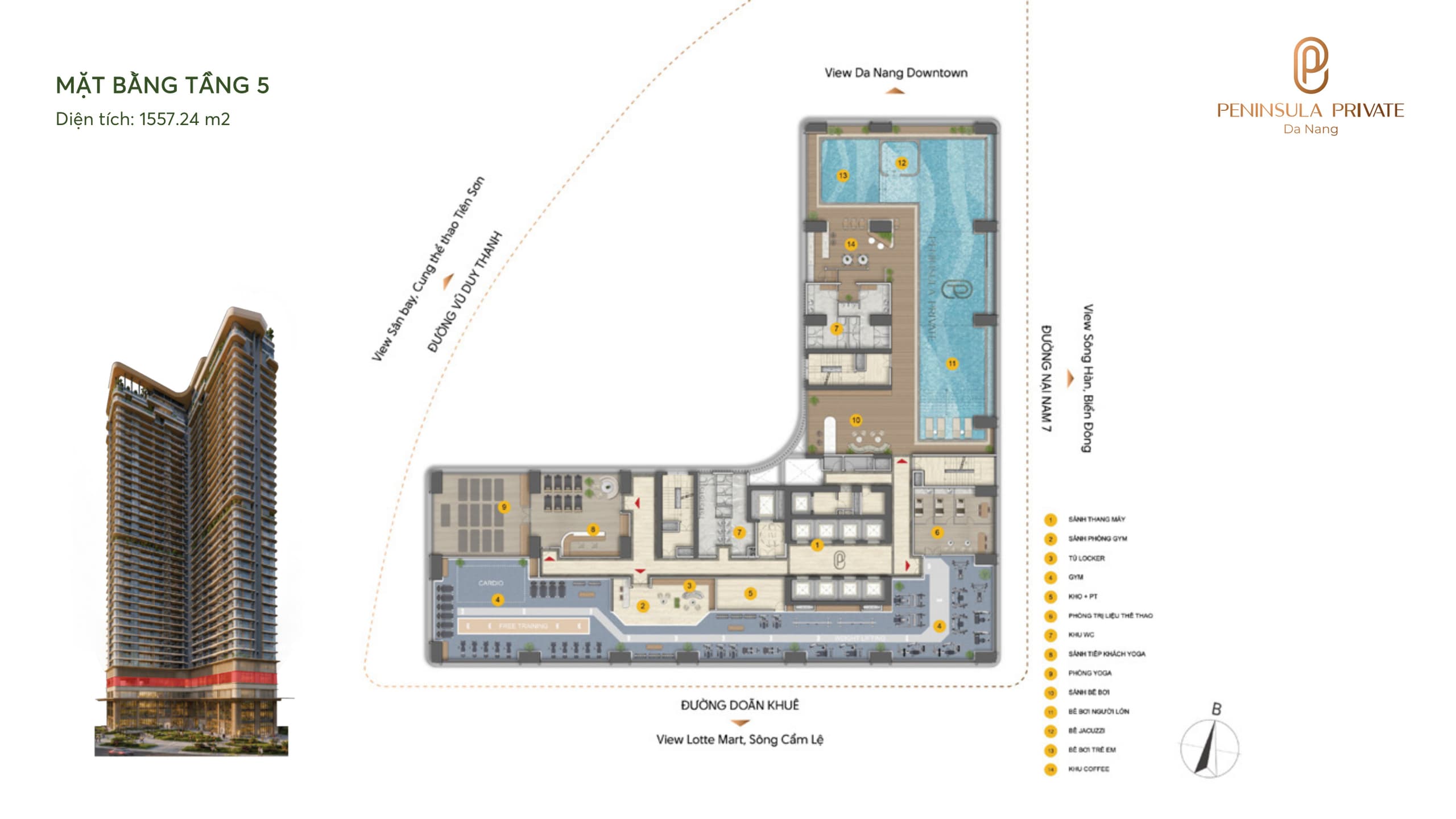 Mặt bằng Tầng 5 — Tổ hợp thể thao & bể bơi, diện tích sàn 1.557,24 m², dự án Peninsula Private Đà Nẵng