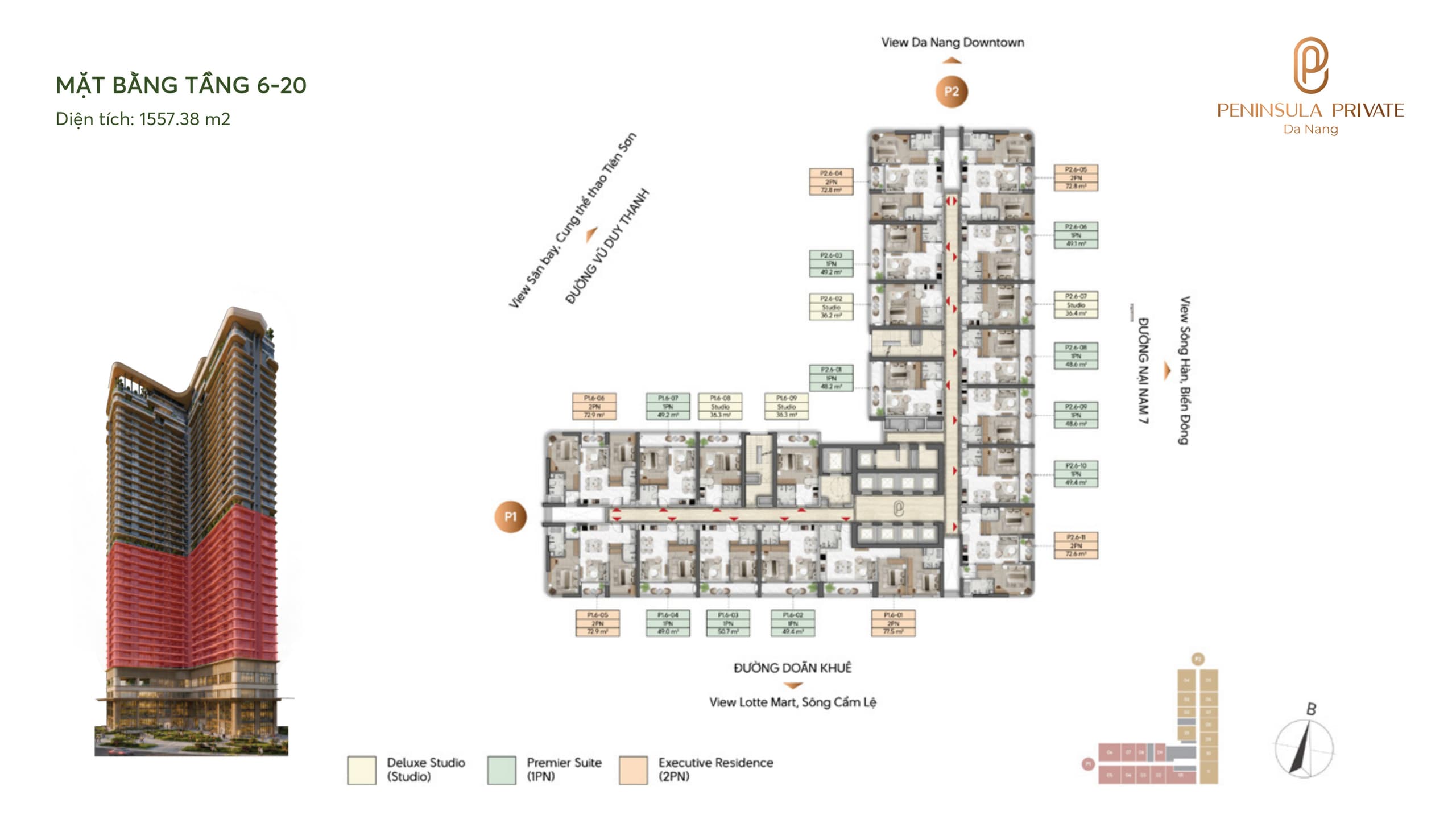 Mặt bằng Tầng 6 – 20 — Căn hộ dịch vụ, diện tích sàn 1.557,38 m², dự án Peninsula Private Đà Nẵng