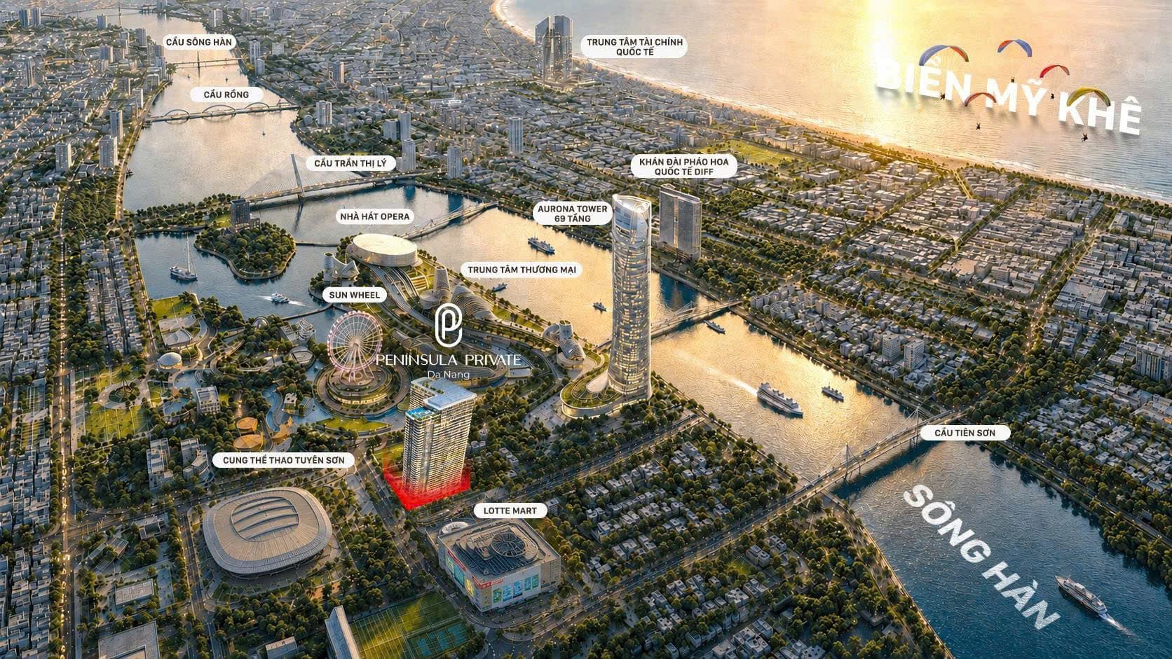 Bản đồ vị trí Peninsula Private Đà Nẵng: dự án nằm cạnh Lotte Mart và Cung Thể thao Tiên Sơn, gần cầu Trần Thị Lý, sông Hàn và biển Mỹ Khê