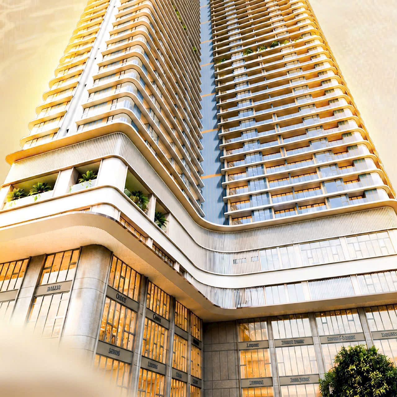Chi tiết mặt đứng và khối đế Peninsula Private Đà Nẵng nhìn từ chân tháp