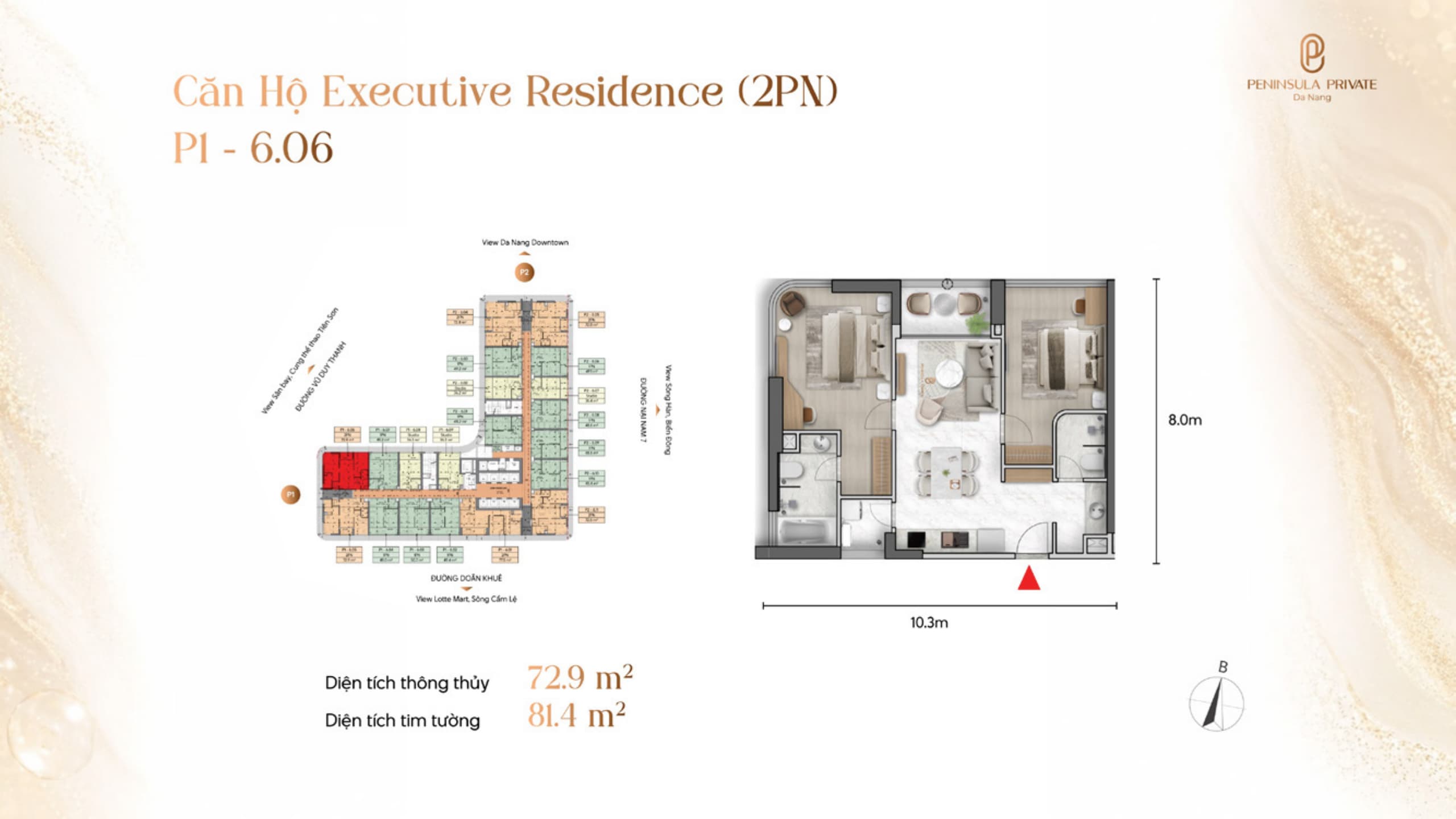 Mặt bằng căn hộ Executive Residence 2 phòng ngủ diện tích 72,9 – 77,5 m² thông thủy tại Peninsula Private Đà Nẵng
