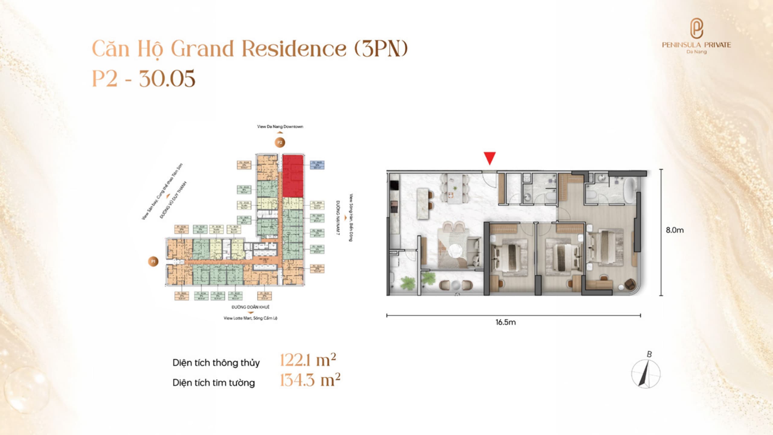 Mặt bằng căn hộ Grand Residence 3 phòng ngủ diện tích 122,1 m² thông thủy tại Peninsula Private Đà Nẵng