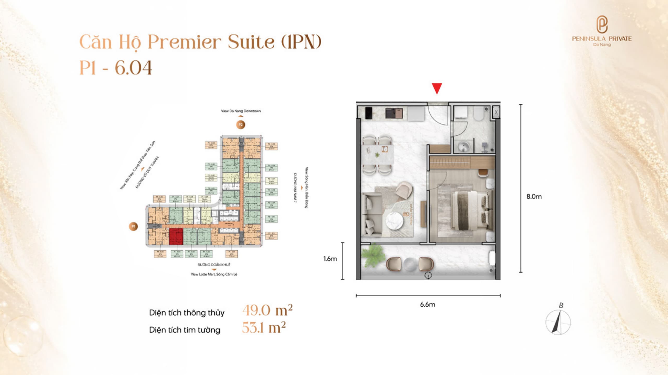 Mặt bằng căn hộ Premier Suite 1 phòng ngủ diện tích 49,0 m² thông thủy tại Peninsula Private Đà Nẵng