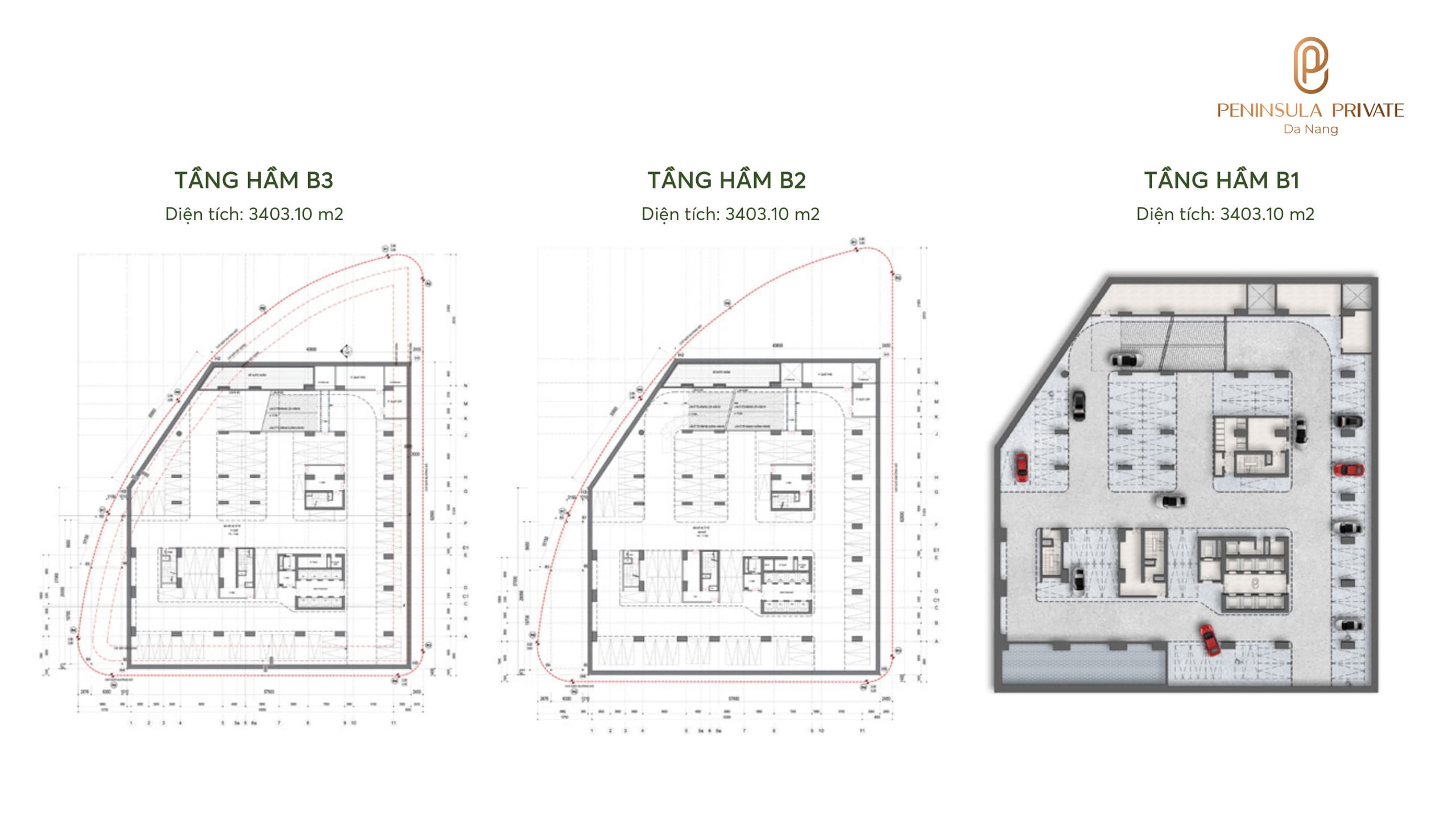 Mặt bằng 3 tầng hầm B1 – B3 dự án Peninsula Private Đà Nẵng — Đỗ xe & kỹ thuật, diện tích 3.403,10 m² / tầng
