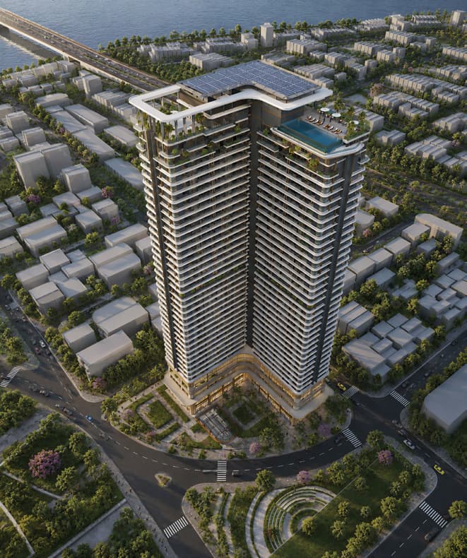 Phối cảnh tháp căn hộ Peninsula Private Đà Nẵng cao 40 tầng nhìn từ mặt đất