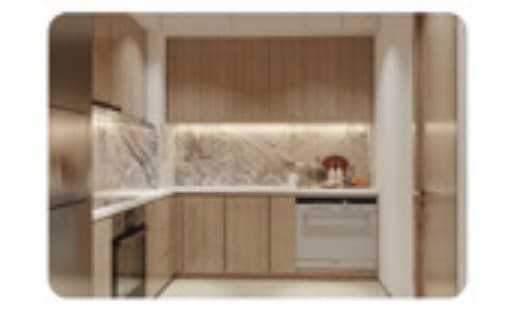 Tủ bếp trên và dưới bàn giao tại Khu vực bếp — Tủ gỗ công nghiệp ván plywood phủ melamine / laminate / acrylic theo thiết kế (An Cường), căn hộ Peninsula Private Đà Nẵng