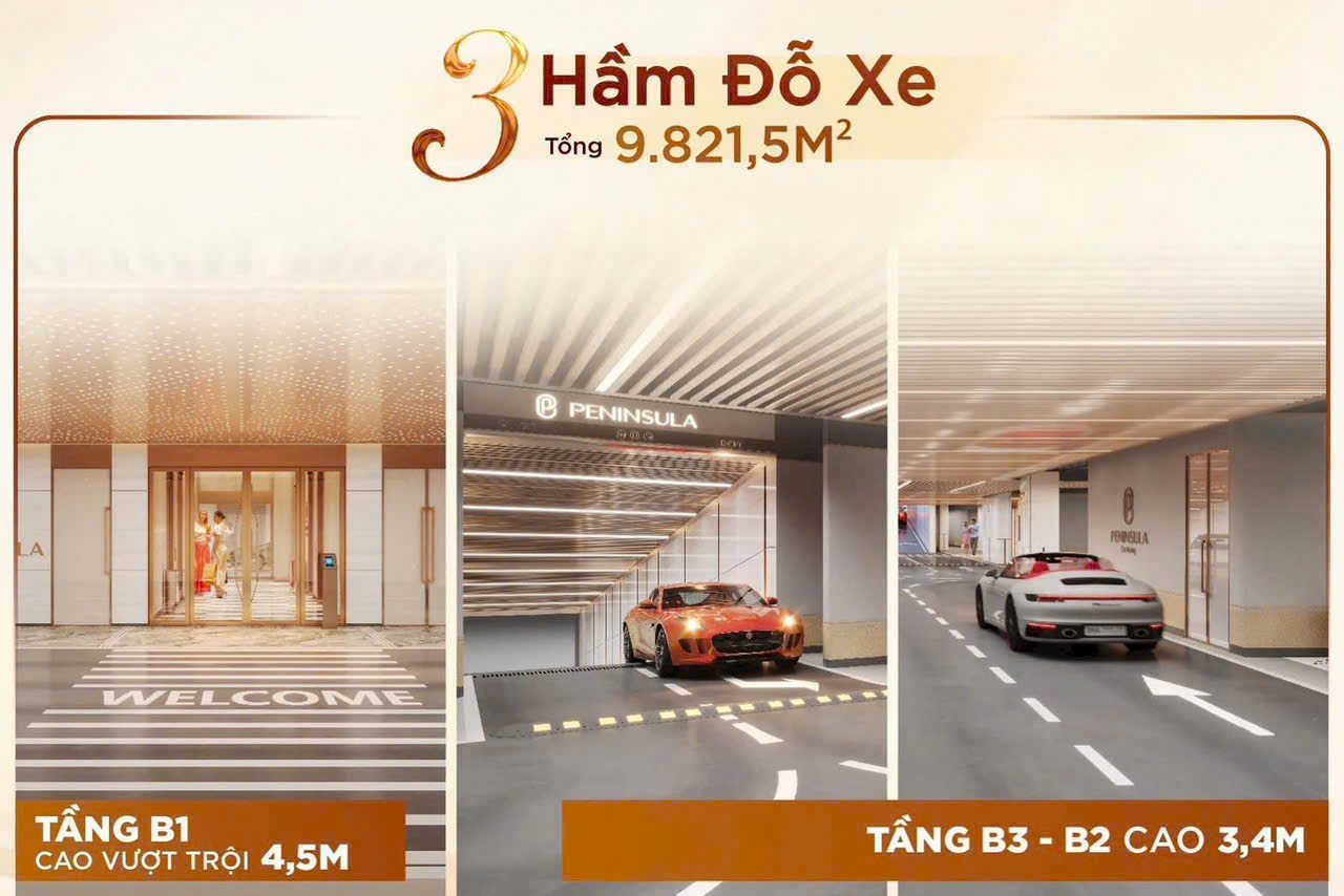 3 tầng hầm đỗ xe Peninsula Private Đà Nẵng: hầm B1 cao 4,5m, hầm B2-B3 cao 3,4m