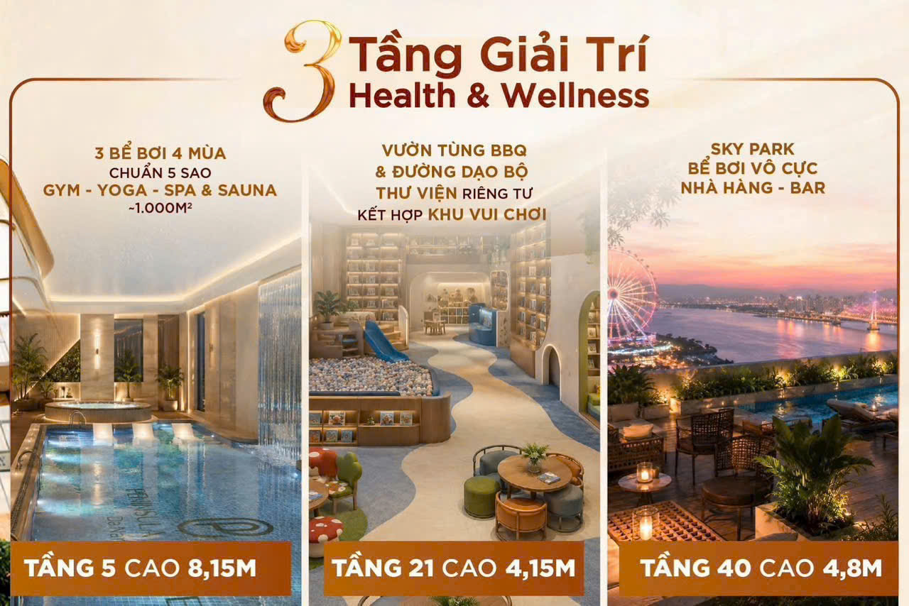 3 tầng giải trí wellness Peninsula Private: tầng 5 bể bơi gym yoga spa, tầng 21 vườn tùng BBQ thư viện khu vui chơi trẻ em, tầng 40 Sky Park bể bơi vô cực nhà hàng bar