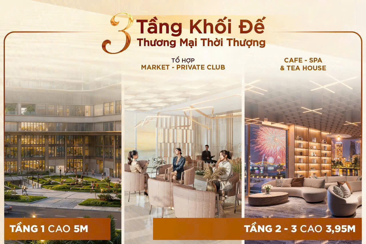 3 tầng khối đế thương mại Peninsula Private: tầng 1 sân vườn cảnh quan, tầng 2-3 Market Private Club Cafe Spa Tea House
